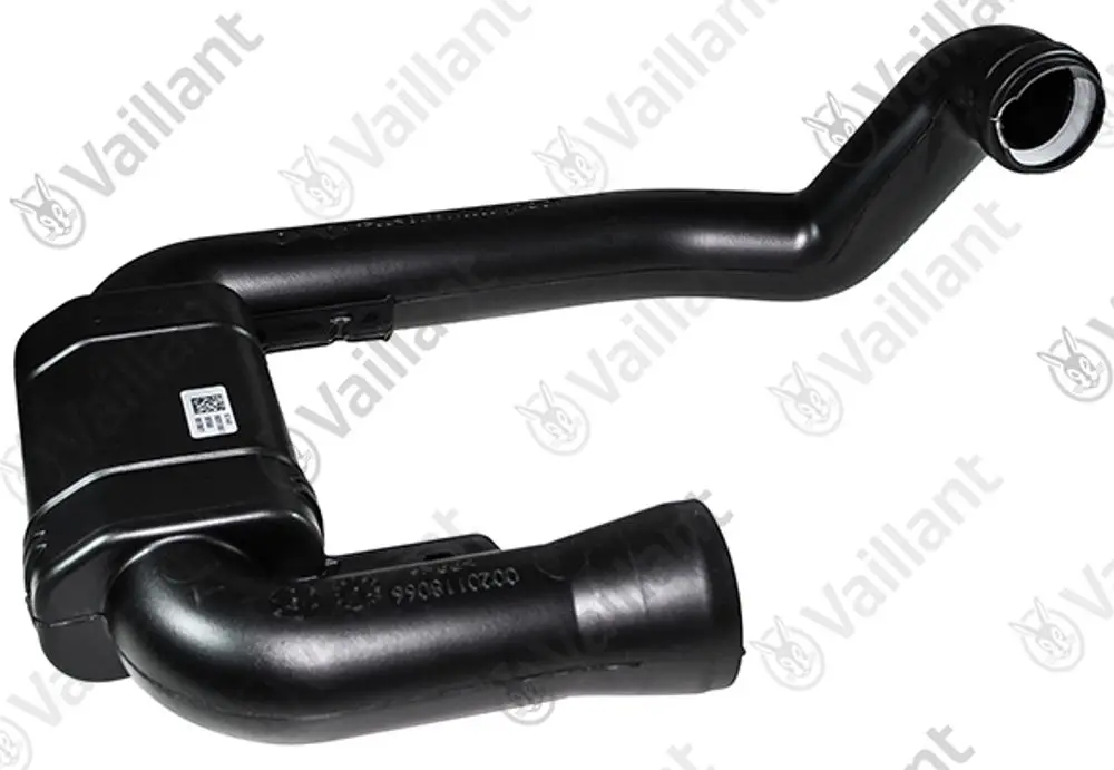 Vaillant Frischluftrohr mit gebogenem Design und zwei Anschlussöffnungen, geeignet für Luftzuleitung in Heizungsanlagen. Schwarz, aus Kunststoff.